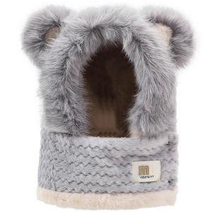 Detail of gray bear ear hat scarf combo with thick plush lining and woven knit texture