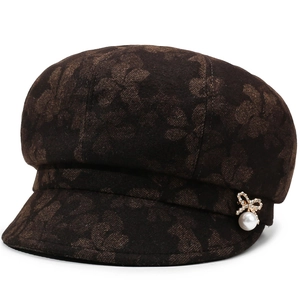 Brown floral patterned newsboy cap for women with pearl and rhinestone bow decoration