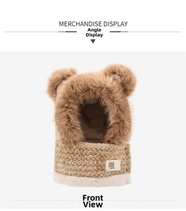 Detailed front view of brown plush bear ear hat scarf with fluffy fleece lining