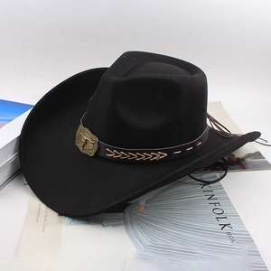 Classic black western cowboy hat with bull head buckle and wind rope at 45-degree angle