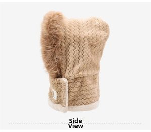 Close-up of khaki plush knit mittens with warm white fleece cuffs and thick lining