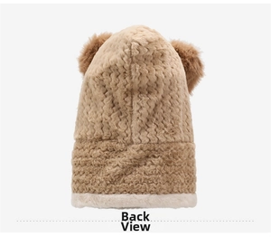 Back view of plush knitted bear ear hat with fleece lining and faux fur trim for winter