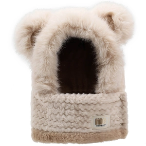 Cute beige plush hooded scarf with bear ears and thermal thickened faux fur material