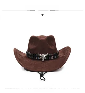 Detailed view of brown western cowboy hat with silver bull head emblem and windproof rope