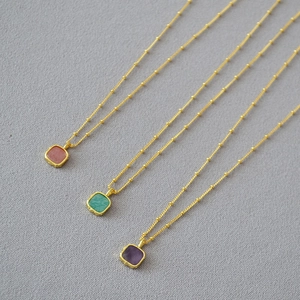 Geometric Square Natural Stone Pendant Necklace Gold Plated Brass Satellite Chain Minimalist Retro Jewelry For Women