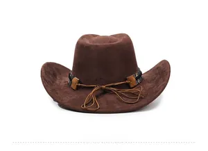 Detail view of dark brown western cowboy hat with ethnic braided band and suede texture