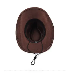 Interior view of brown cowboy hat showing adjustable windproof rope and lining detail