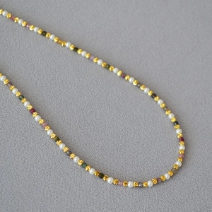 French Elegant Multicolor Tourmaline Faux Artificial Pearl Beaded Necklace With Gold Plated Copper Faceted Beads Jewelry For Women