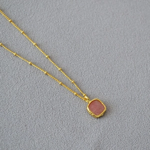 Minimalist gold plated brass square pink stone necklace with twisted rope chain detail