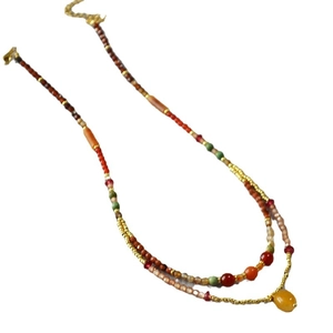 Double-layered beaded necklace with retro natural stone pendant and mixed metal beads