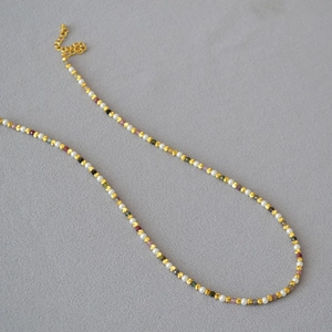 Elegant pearl and colorful tourmaline beaded choker necklace with gold extension chain