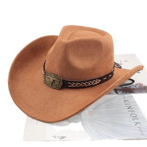 Brown western cowboy hat with vintage bull head buckle on leather strap and wind rope