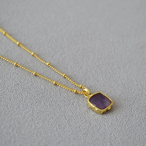 Minimalist gold plated brass necklace with square purple stone and beaded chain