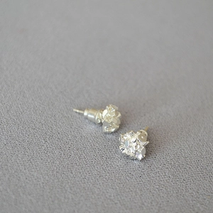 Macro shot of silver plated stud earrings featuring irregular mineral cluster textures