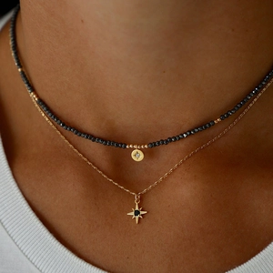 French retro double-layer necklace with black spinel beads and golden star pendants