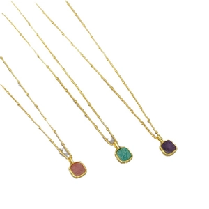 Minimalist brass gold-plated square stone pendant necklaces in red, green, and purple colors