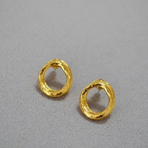 Irregular Hammered Brass Stud Earrings For Women With 925 Sterling Silver Earring Post Minimalist Gold Plated Circle Jewelry