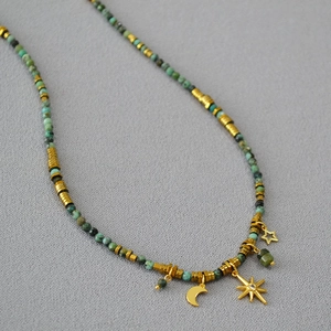 Vintage Bohemian Turquoise Beaded Necklace Gold Plated Alloy Star Moon Pendant Rhinestone Necklace For Women Retro Jewelry