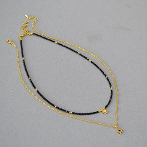 French Vintage Black Spinel Beaded Star Pendant Double Layer Necklace For Women Copper Gold Plated Rhinestone Jewelry