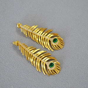 Vintage Copper Peacock Feather Drop Earrings With 925 Sterling Silver Earring Post Gold Plated Green Rhinestone Women Jewelry