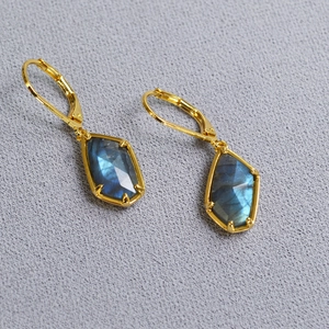 Macro detail of leverback earrings with hexagonal labradorite showing blue flashes