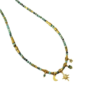 Vintage turquoise beaded necklace with gold moon and star pendants for women