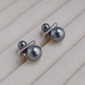 Minimalist double grey pearl stud earrings with a sleek silver-plated connector bar