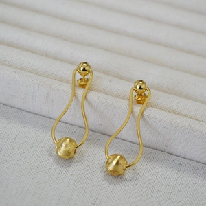 Elegant gold brass drop earrings with brushed metallic bead and U-shaped line design