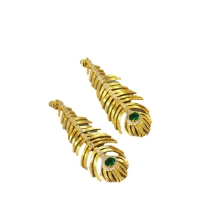 Vintage peacock feather earrings with green emerald and gold textured finish