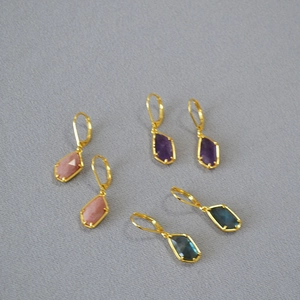 Minimalist Irregular Cut Natural Stone Leverback Earrings Copper Gold Plated Amethyst Labradorite Rhodochrosite Jewelry Women