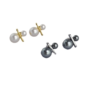 Minimalist brass gold plated earrings with large and small pearls in cross-frame design