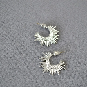 Silver geometric sunburst C-shape stud earrings with punk sunbeam and hammered texture