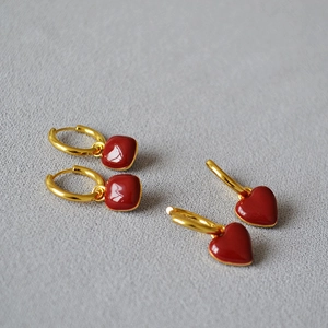 Boucles d'Oreilles Créoles en Laiton Émaillé Vintage pour Femmes Rétro Rouge Vin Café Pendentif Géométrique en Huile de Goutte Bijoux