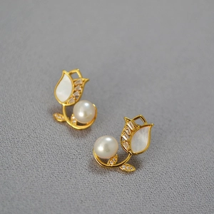 Tulip Freshwater Pearl Stud Earrings With Mother Of Freshwater Pearl Zircon Brass And 925 Sterling Silver Earring Post French Elegant Flower