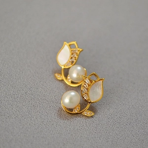 Elegant gold tulip stud earrings with freshwater pearls and shell petals for women