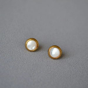 Boucles D Oreilles Puces Rondes Vintage Français Laiton Plaqué Or Nacre Tige En Argent Sterling 925 Pour Femmes