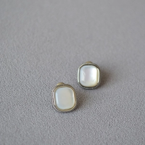 Elegant vintage square mother of pearl stud earrings with silver beaded border decoration