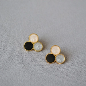 Three-color enamel geometric stud earrings with pink grey black marble texture and gold trim