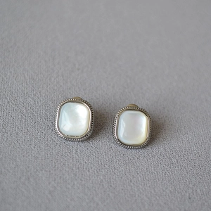 Vintage silver-plated square stud earrings with luminous white mother of pearl inlay
