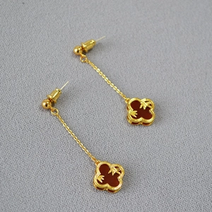 New Chinese Style Vintage Four-Leaf Clover Bamboo Earrings Red Agate Inlaid 925 Sterling Silver Post Gold Plated Long Drop Earrings Women