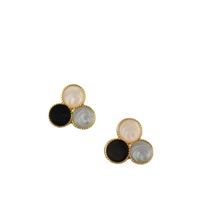 Three-color cluster stud earrings with white, black, grey enamel and gold beaded edges