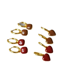 Ensemble de boucles d'oreilles créoles cœur en émail rouge et marron doré pour femme