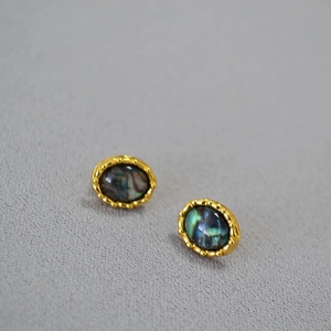 Vintage oval brass gold plated earrings with rainbow abalone shell and bead edge detail