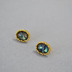Vintage gold oval stud earrings with iridescent abalone shell inlay for women