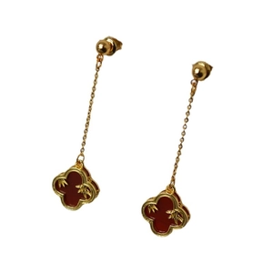 Elegant gold clover long earrings with red agate inlay and delicate bamboo leaf motifs