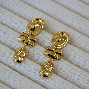 Irregular lava textured triple-tier brass gold plated earrings for women