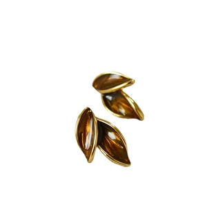 Vintage gold-edged leaf earrings with amber brown enamel and 925 silver needle backings
