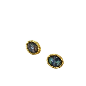 Vintage oval brass gold plated earrings featuring colorful abalone shell inlays