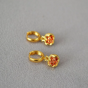 French style gold-plated pomegranate drop earrings with sparkling red zircon details