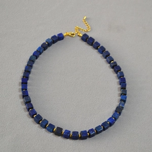 Elegant lapis lazuli square beaded necklace with gold spacers and adjustable lobster clasp